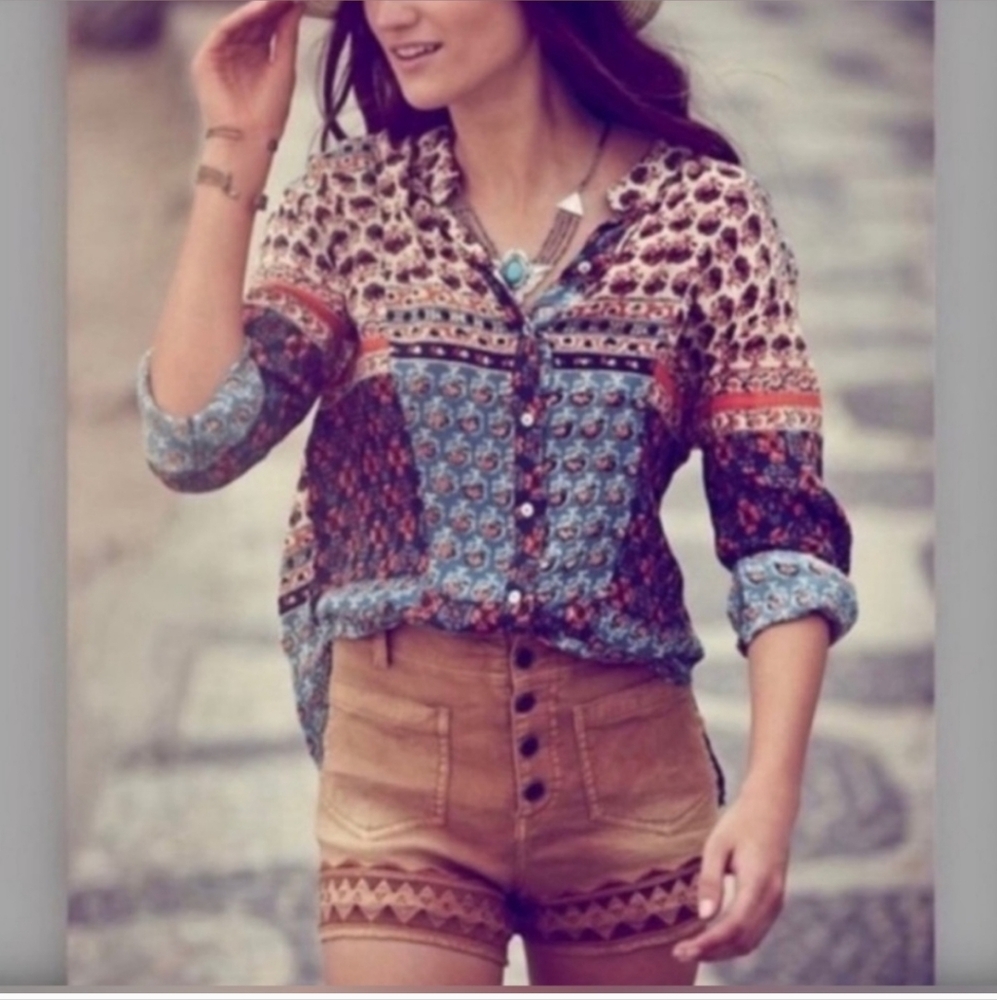 Free People Caravan Patchwork Buttonup Blouse Siz… - image 2